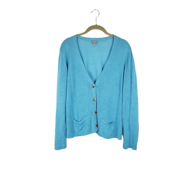 J Jill Linen Blend V-Neck Cardigan Cyan Blue Grandpa Boyfriend Size Medium - Picture 1 of 7